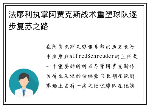 法廖利执掌阿贾克斯战术重塑球队逐步复苏之路